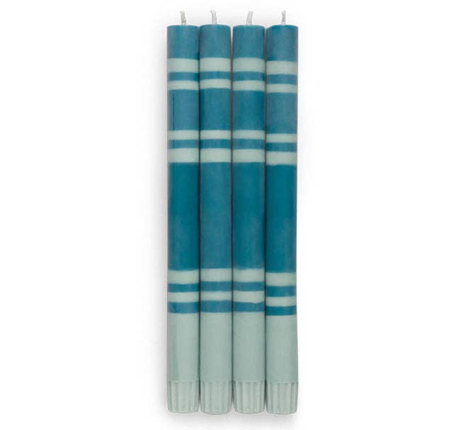 BRITISH COLOUR STANDARD - 25cm / 10'' H  - Striped  - Opaline Green and Petrol Blue Eco Dinner Candles, Gift Box of 4