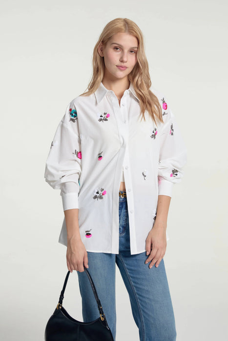 Women’s Oversized Embroidered Button-Down: Ivory Bloom / L