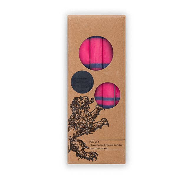 BRITISH COLOUR STANDARD - 25cm / 10'' H  - Striped  - Neyron Pink and Midnight Blue Eco Dinner Candles, Gift Box of 4