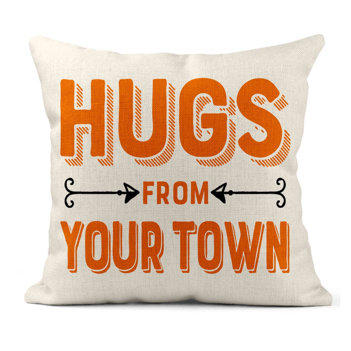 Personalized City Square Pillow, Hugs Name Drop Design: Gray-Green