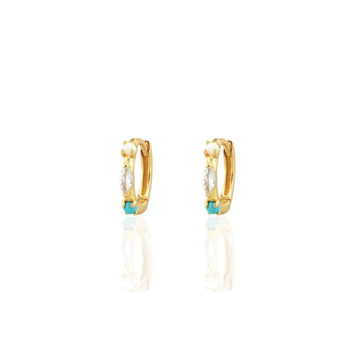 Seaside Spark Huggie Hoop Earrings 18K Gold Vermeil CZ, Opal and Turquoise Stones 12.5" Hoops Hinge Closure Nickel Free Hypoallergenic Ships from CA