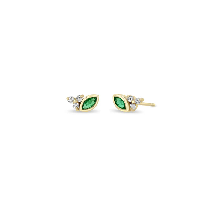 14kt Marquis Emerald + Diamond Trio Studs