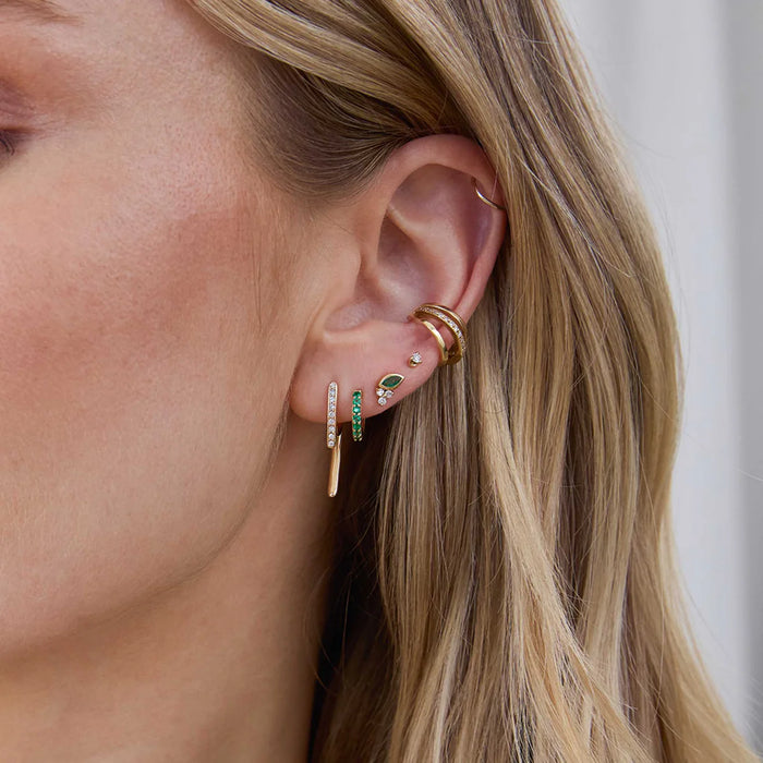 14kt Marquis Emerald + Diamond Trio Studs