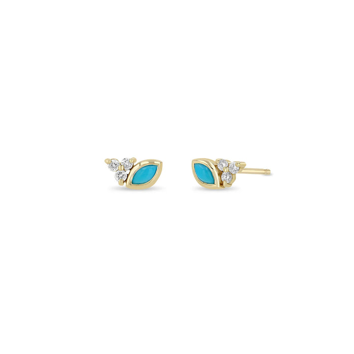 14kt Marquis Turquoise + Diamond Trio Studs