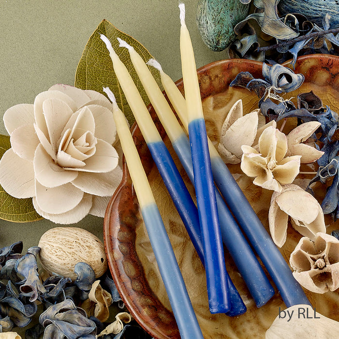 Hand Dipped Menorah Candles, Blue + White