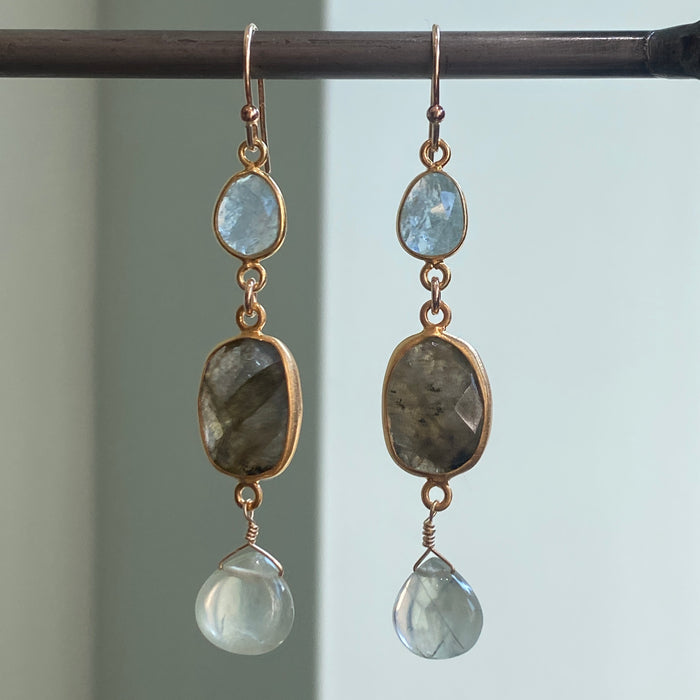 aquamarine, labradorite, + prehnite earrings