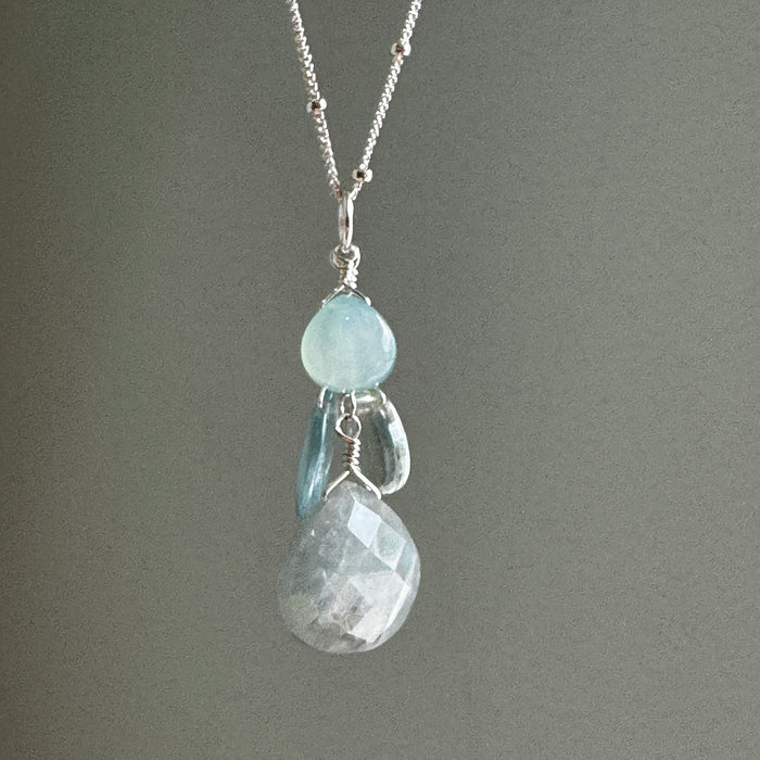 aquamarine necklace with topaz, chalcedony, + green amethyst