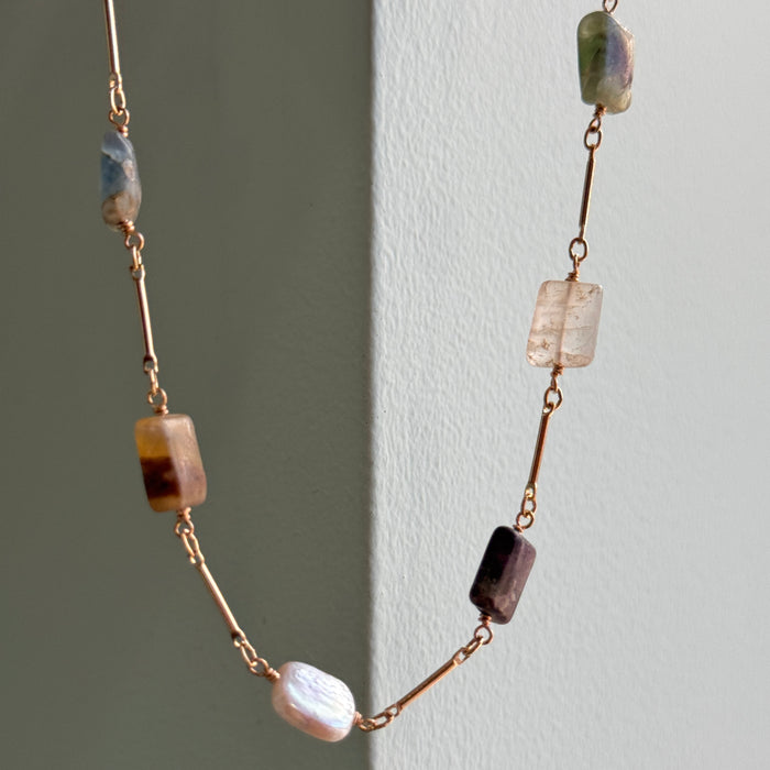 Fluorite & Pearl Chain Necklace in Silver or Vermeil: Vermeil