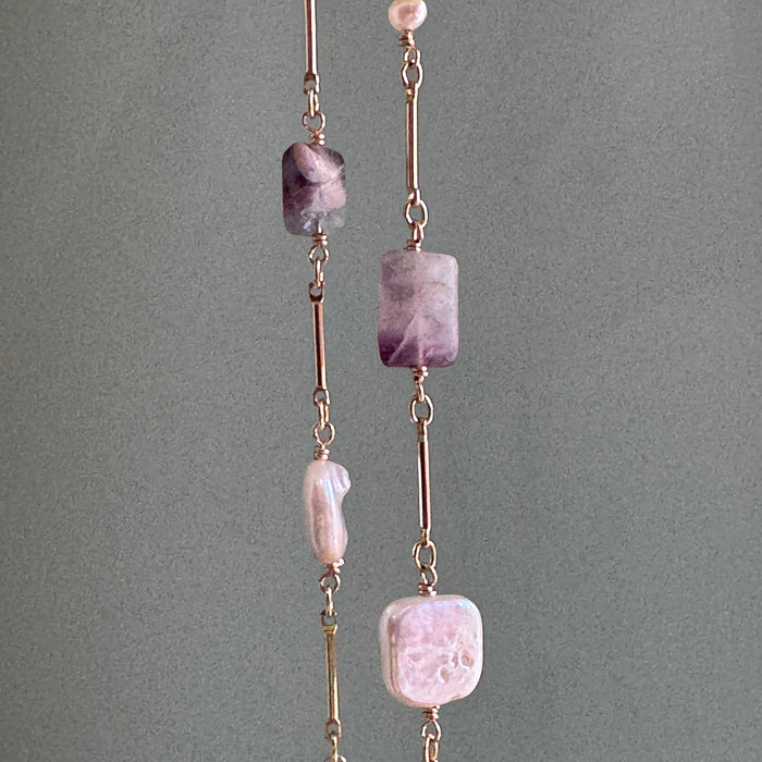 Fluorite & Pearl Chain Necklace in Silver or Vermeil: Vermeil
