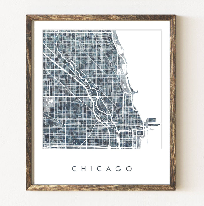 Chicago Illinois Painted Map ART PRINT: River / 11 x 14