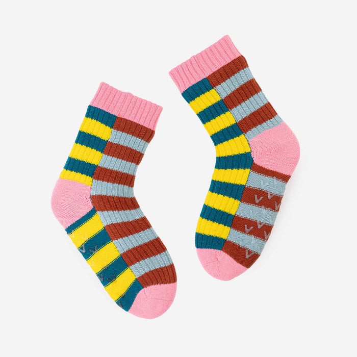 Super Stripe Knit House Socks: Stone Blue Rust / L/XL - W 9.5-12.5<br>M 8-11