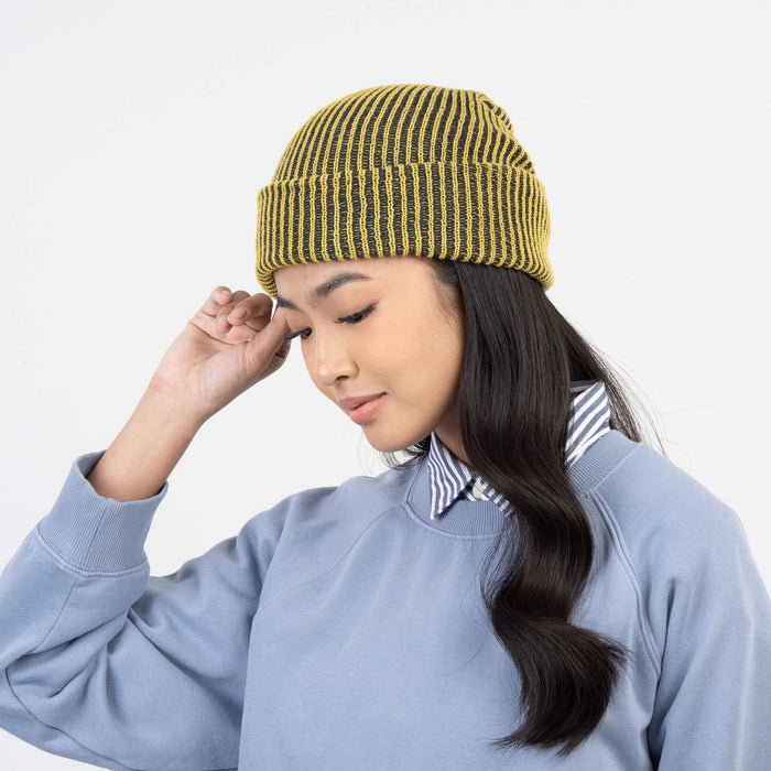 Simple Rib Knit Beanie: Golden Olive Navy
