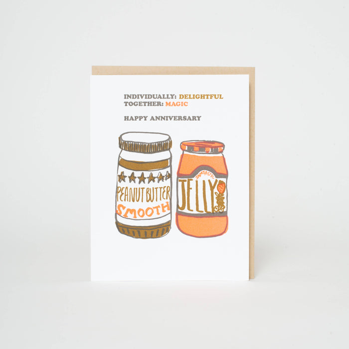 PB&J Anniversary Congrats Letterpress Greeting Card by Egg Press: Plastic sleeve