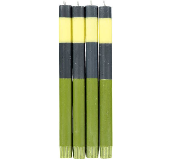 BRITISH COLOUR STANDARD - 25cm / 10'' H ABSTRACT Striped Olive, Indigo & Jasmine Eco Dinner Candles, Gift Box of 4