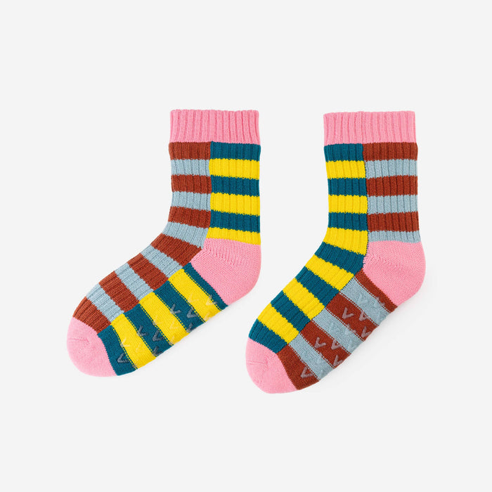 Super Stripe Knit House Socks: Stone Blue Rust / L/XL - W 9.5-12.5<br>M 8-11