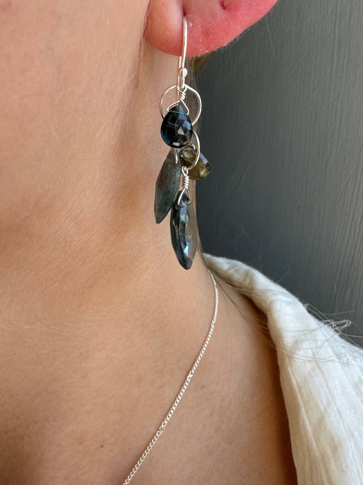 Labradorite, kyanite, & topaz cluster earrings: Vermeil