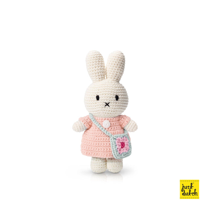Miffy and her flower bag: Pastel yellow dress with blue flower bag