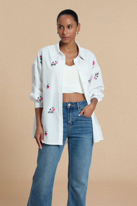 Women’s Oversized Embroidered Button-Down: Ivory Bloom / L
