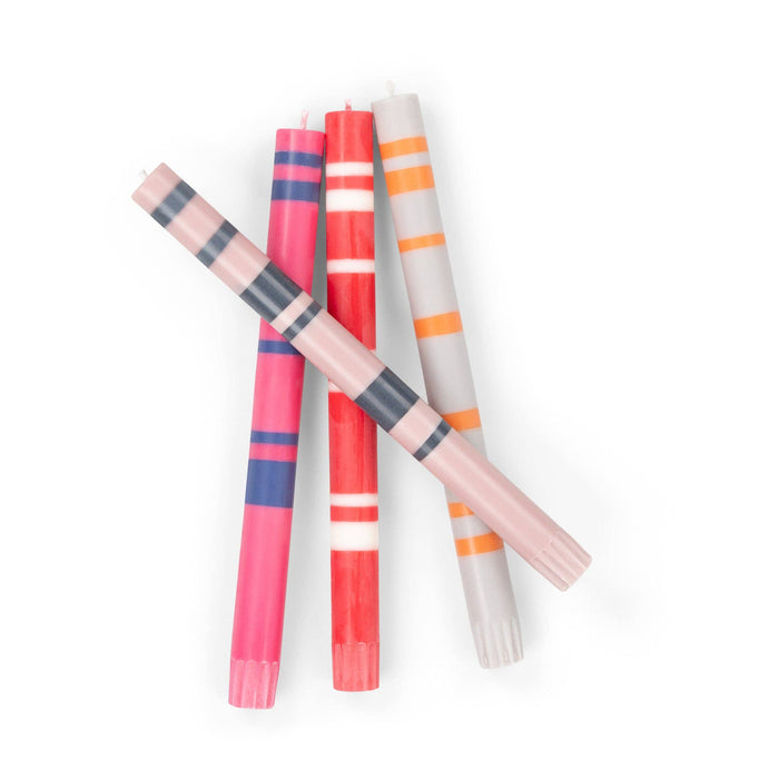 BRITISH COLOUR STANDARD - 25cm / 10'' H  - Mixed Striped Set - Reds and Pinks Eco Dinner Candles, Gift Box of 4