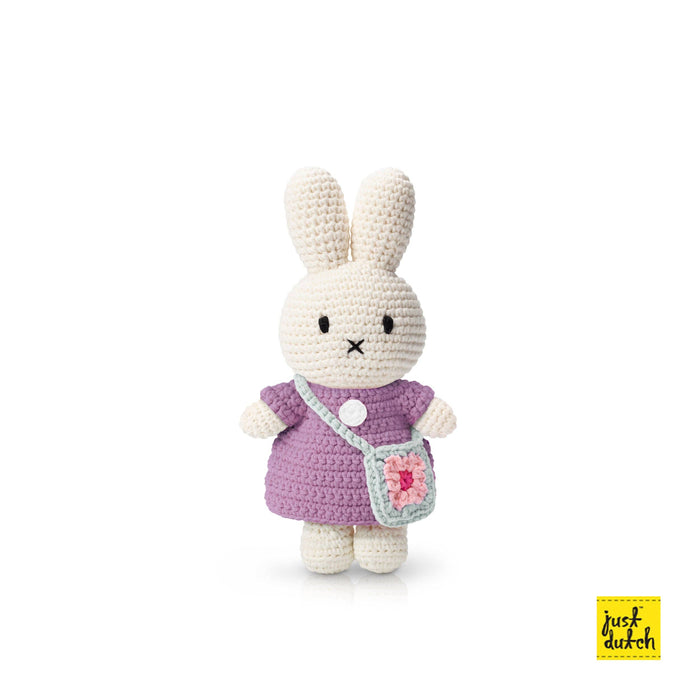 Miffy and her flower bag: Pastel pink dress with blue flower bag