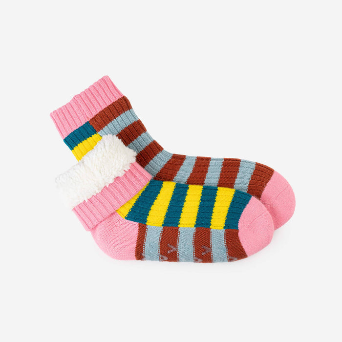 Super Stripe Knit House Socks: Stone Blue Rust / L/XL - W 9.5-12.5<br>M 8-11