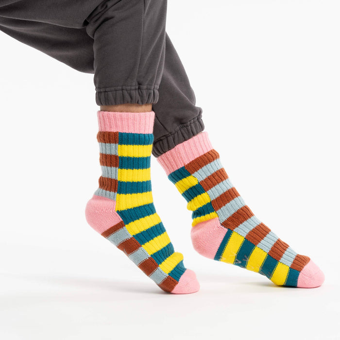 Super Stripe Knit House Socks: Stone Blue Rust / S/M - W 6-9<br>M 5-7.5