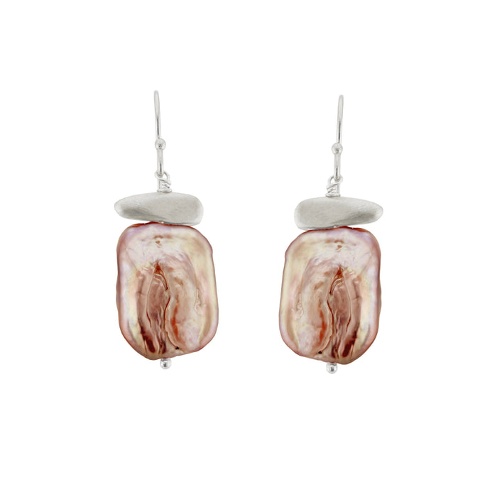 Pink rectangle pearl earrings in silver or vermeil.: Vermeil