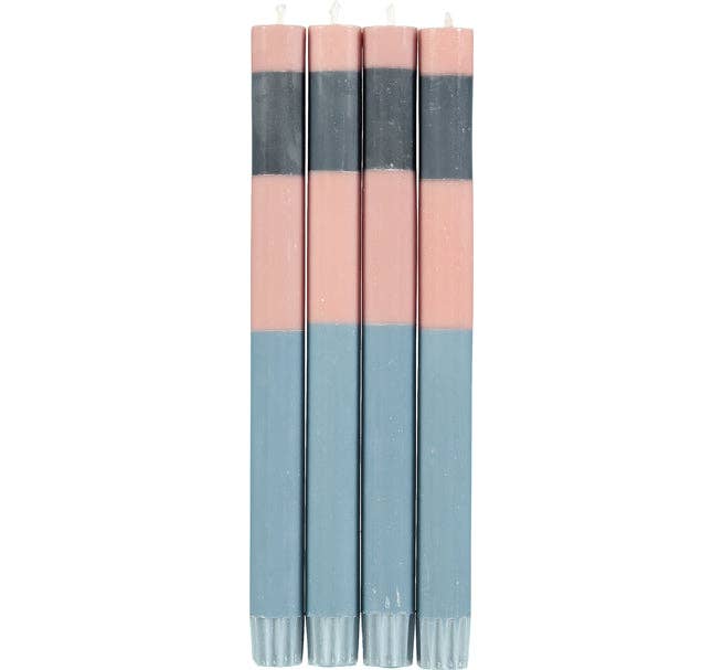 10'' H ABSTRACT Striped Old Rose, Pompadour & Indigo Eco Dinner Candles, Gift Box of 4