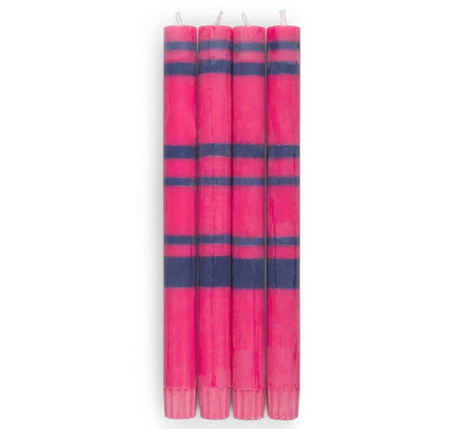 BRITISH COLOUR STANDARD - 25cm / 10'' H  - Striped  - Neyron Pink and Midnight Blue Eco Dinner Candles, Gift Box of 4