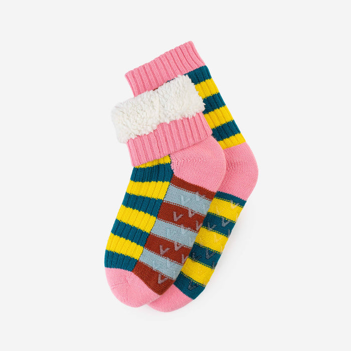 Super Stripe Knit House Socks: Stone Blue Rust / L/XL - W 9.5-12.5<br>M 8-11