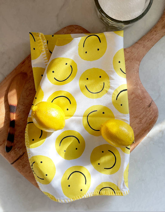 Cotton Tea Towel with Embroidered Detail | Smiley