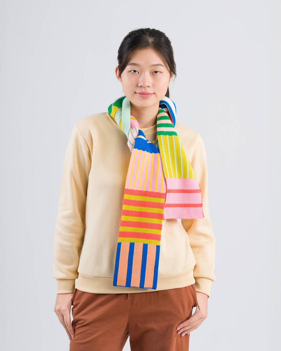 Patchwork Stripe Skinny Scarf: Rainbow
