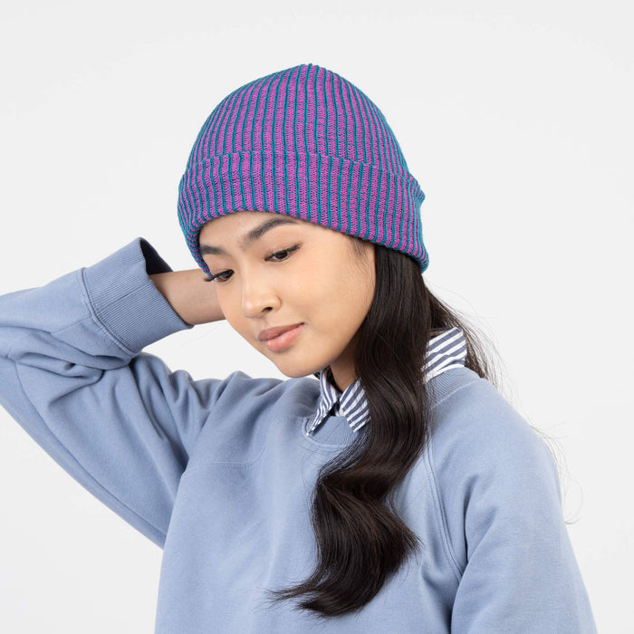 Simple Rib Knit Beanie: Red Grey