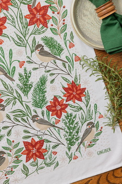 Poinsettias & Pines Tea Towel - Holiday Kitchen Towel Decor