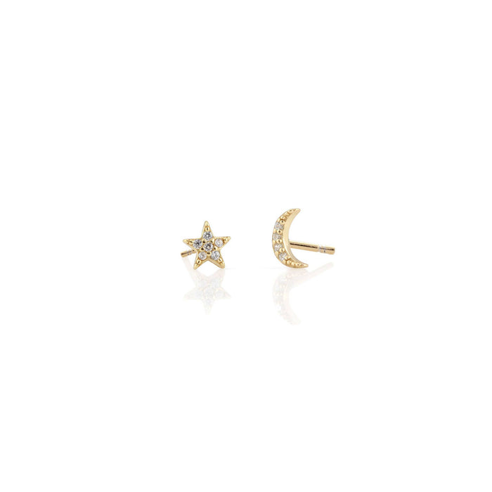 Star and Moon Crystal Stud Earrings 18K Gold Vermeil | Sterling Silver CZ Crystals Nickel Free Hypoallergenic Ships from CA: 18K Gold Vermeil