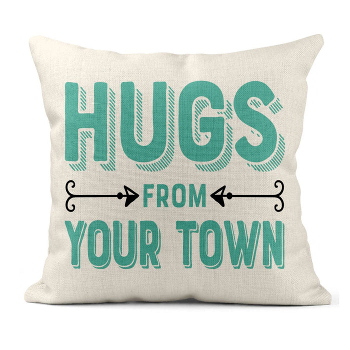 Personalized City Square Pillow, Hugs Name Drop Design: Gray-Green