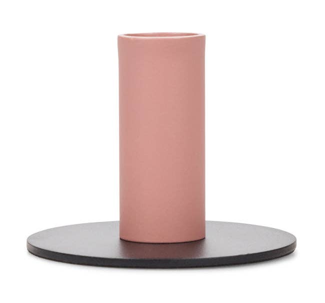 Tall Two-Tone Jet Black & Old Rose Metal Candleholder