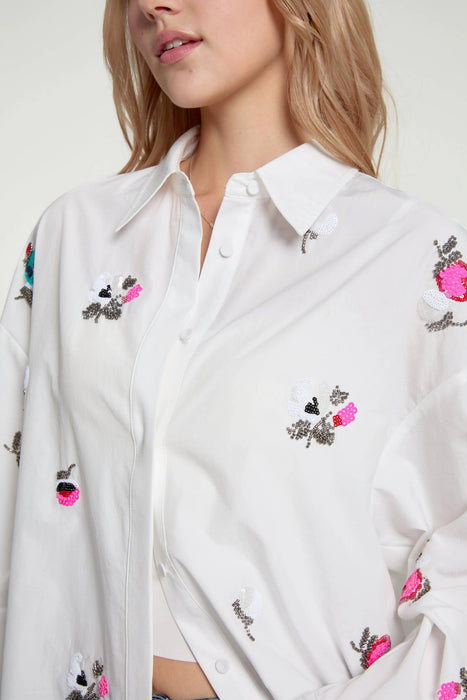 Women’s Oversized Embroidered Button-Down: Ivory Bloom / L