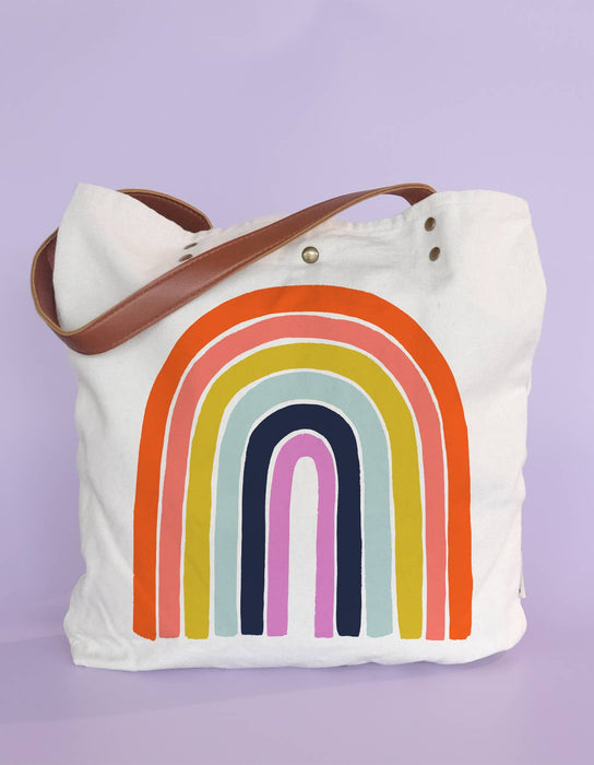 Canvas Tote Bag with Vegan Leather Handles | Rainbow