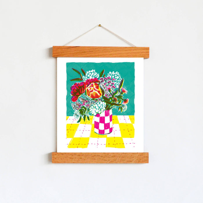 Hydrangea and Checks Risograph Art Print