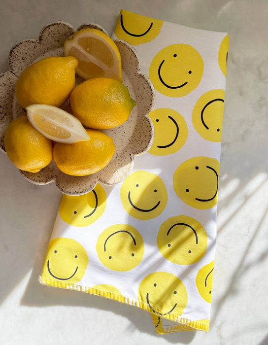 Cotton Tea Towel with Embroidered Detail | Smiley