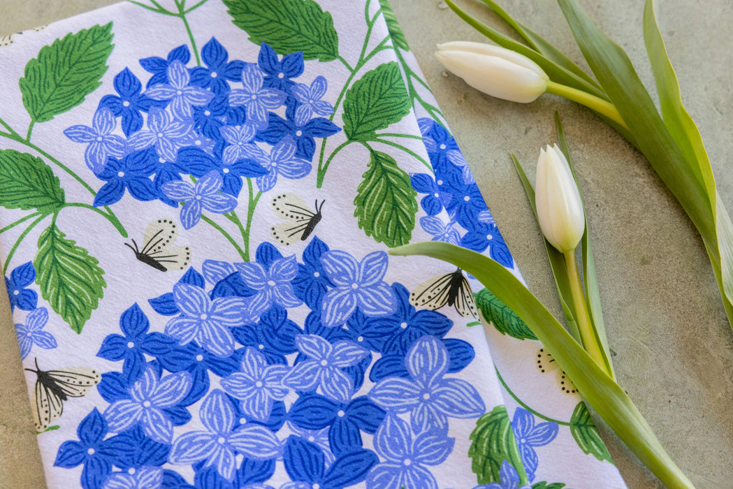 Blue Hydrangeas Tea Towel - Spring Floral Kitchen Towel