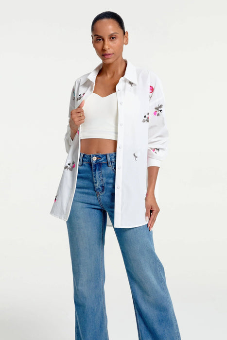 Women’s Oversized Embroidered Button-Down: Ivory Bloom / L