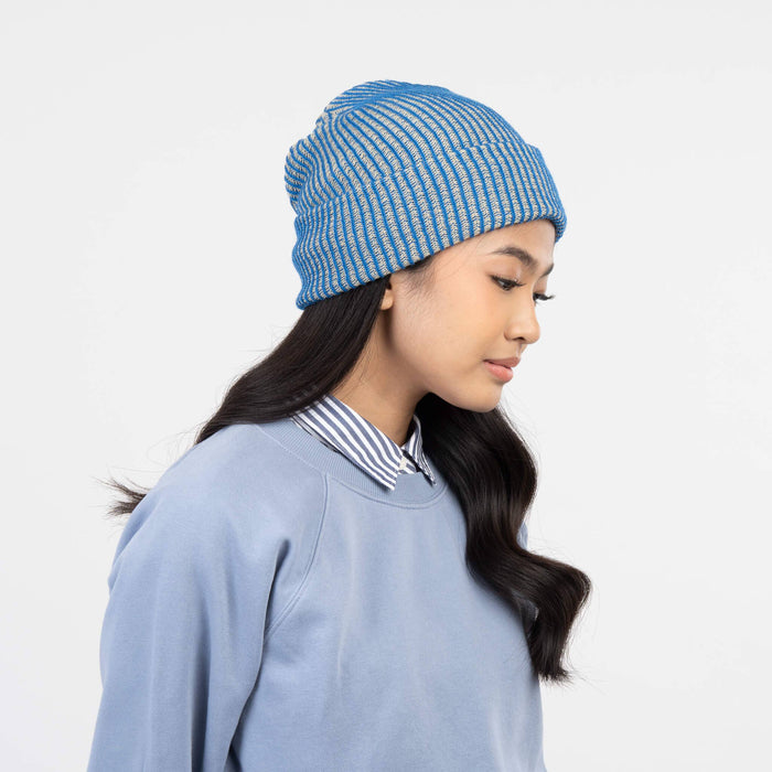 Simple Rib Knit Beanie: Stone Blue Rust