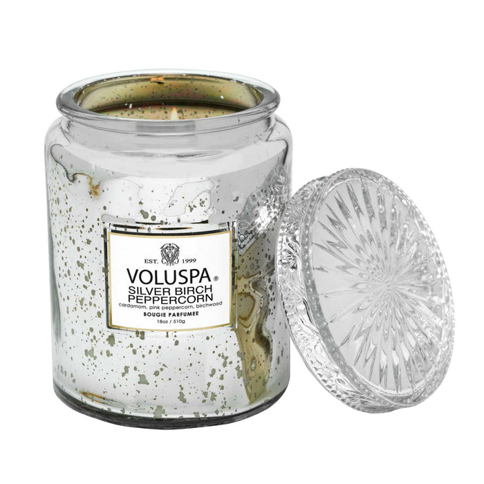 Large Glass Jar Candle, Silver Birch Peppercorn