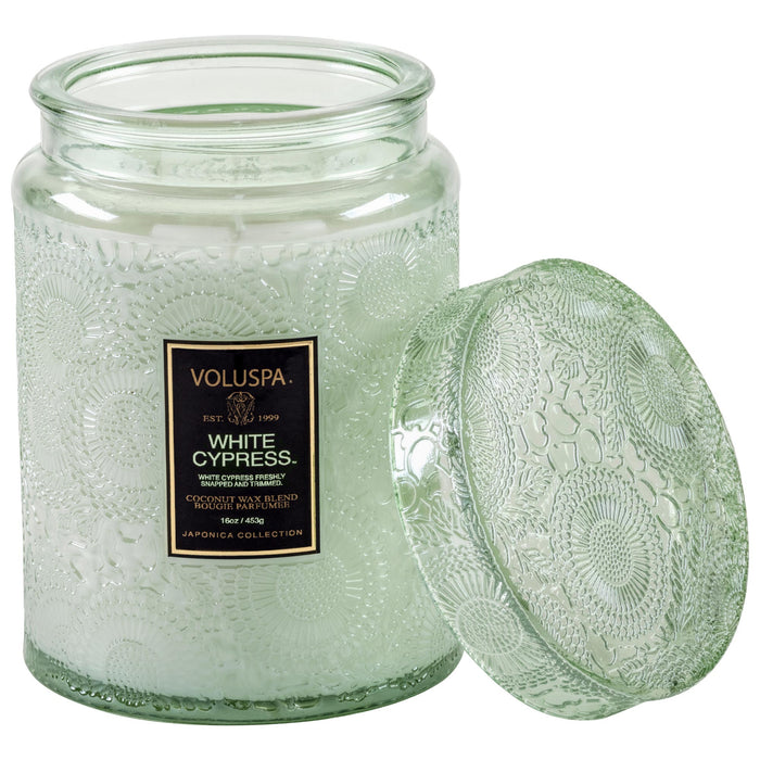 Japonica Large Glass Jar Candle, White Cypress