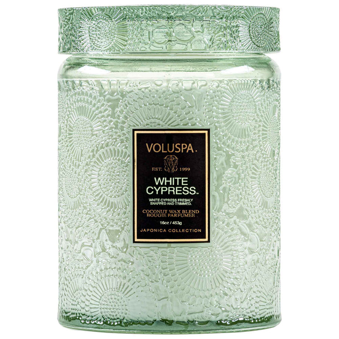 Japonica Large Glass Jar Candle, White Cypress