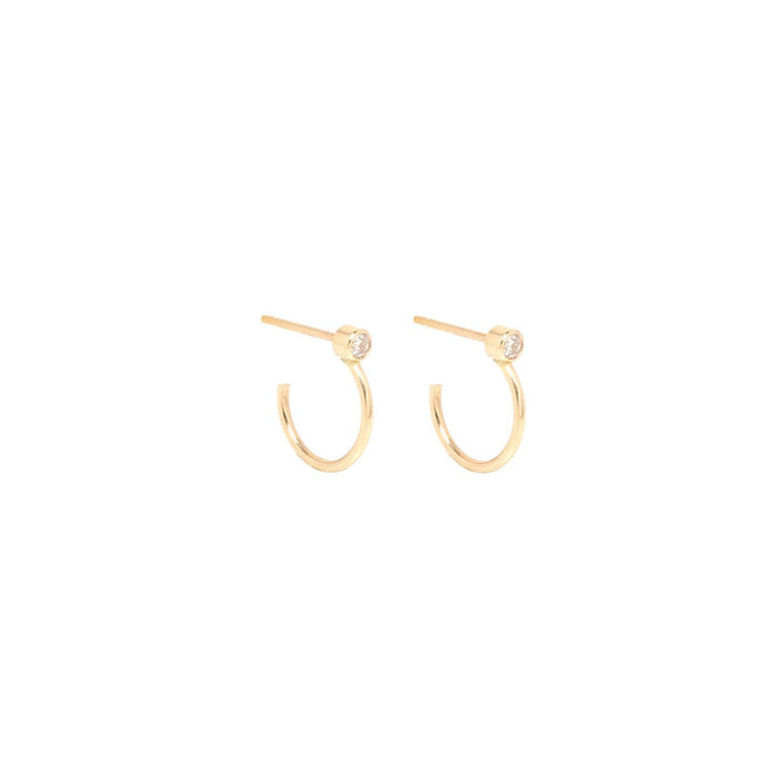 14kt Diamond Stud Thin Huggie Hoops