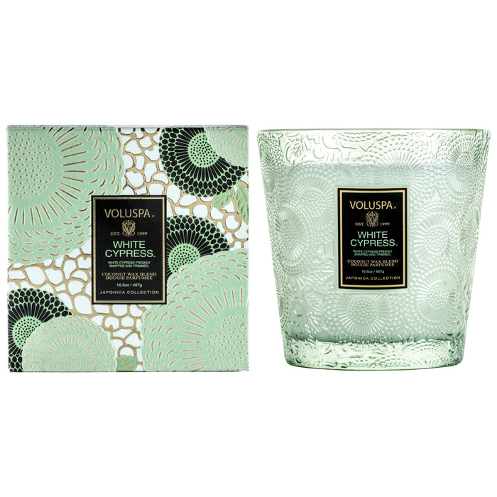 White Cypress Two Wick Hearth Candle, boxed