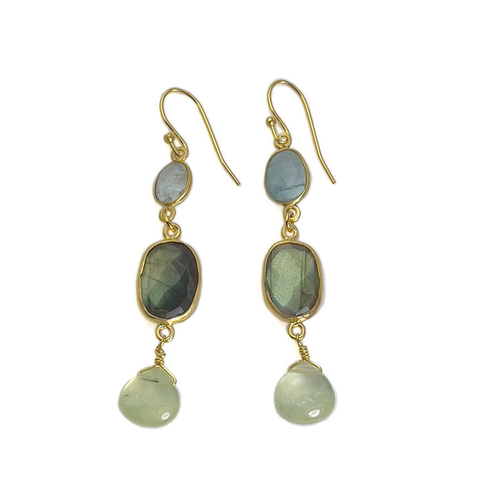 aquamarine, labradorite, + prehnite earrings